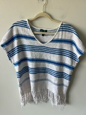 Lauren Jeans Co Ralph Lauren Large White Blue Striped Linen Cotton Fringe Top